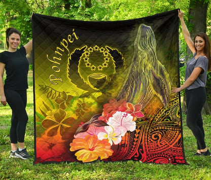 Pohnpei Premium Quilt - Humpback Whale with Tropical Flowers (Yellow)