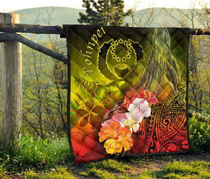 Pohnpei Premium Quilt - Humpback Whale with Tropical Flowers (Yellow)