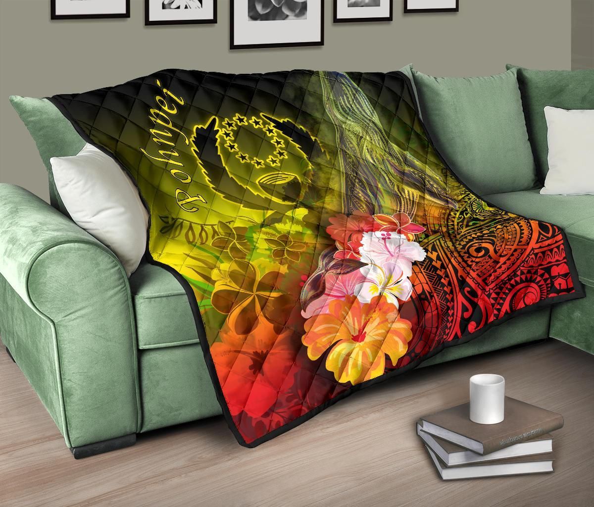 Pohnpei Premium Quilt - Humpback Whale with Tropical Flowers (Yellow)