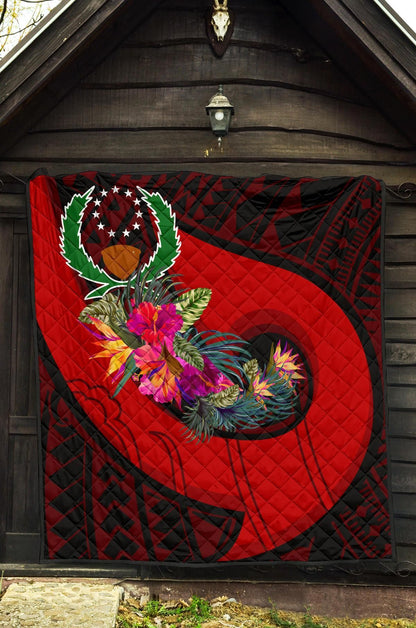 Pohnpei Premium Quilt - Polynesian Hook And Hibiscus (Red)