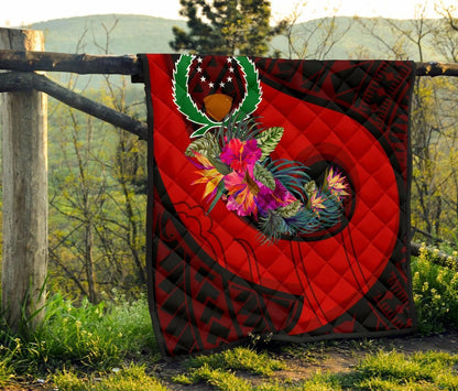 Pohnpei Premium Quilt - Polynesian Hook And Hibiscus (Red)