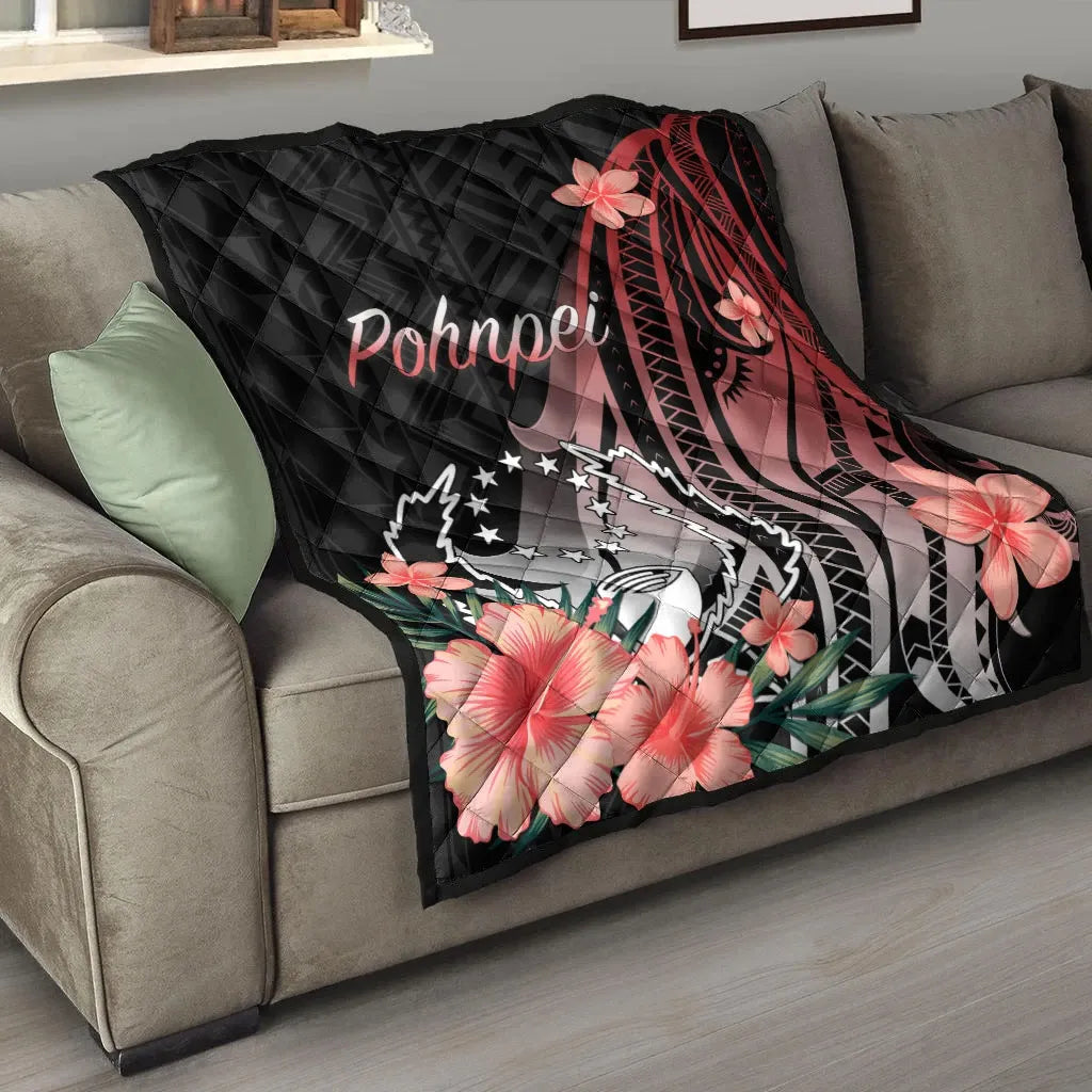 Pohnpei Premium Quilt - Red Polynesian Hibiscus Pattern Style