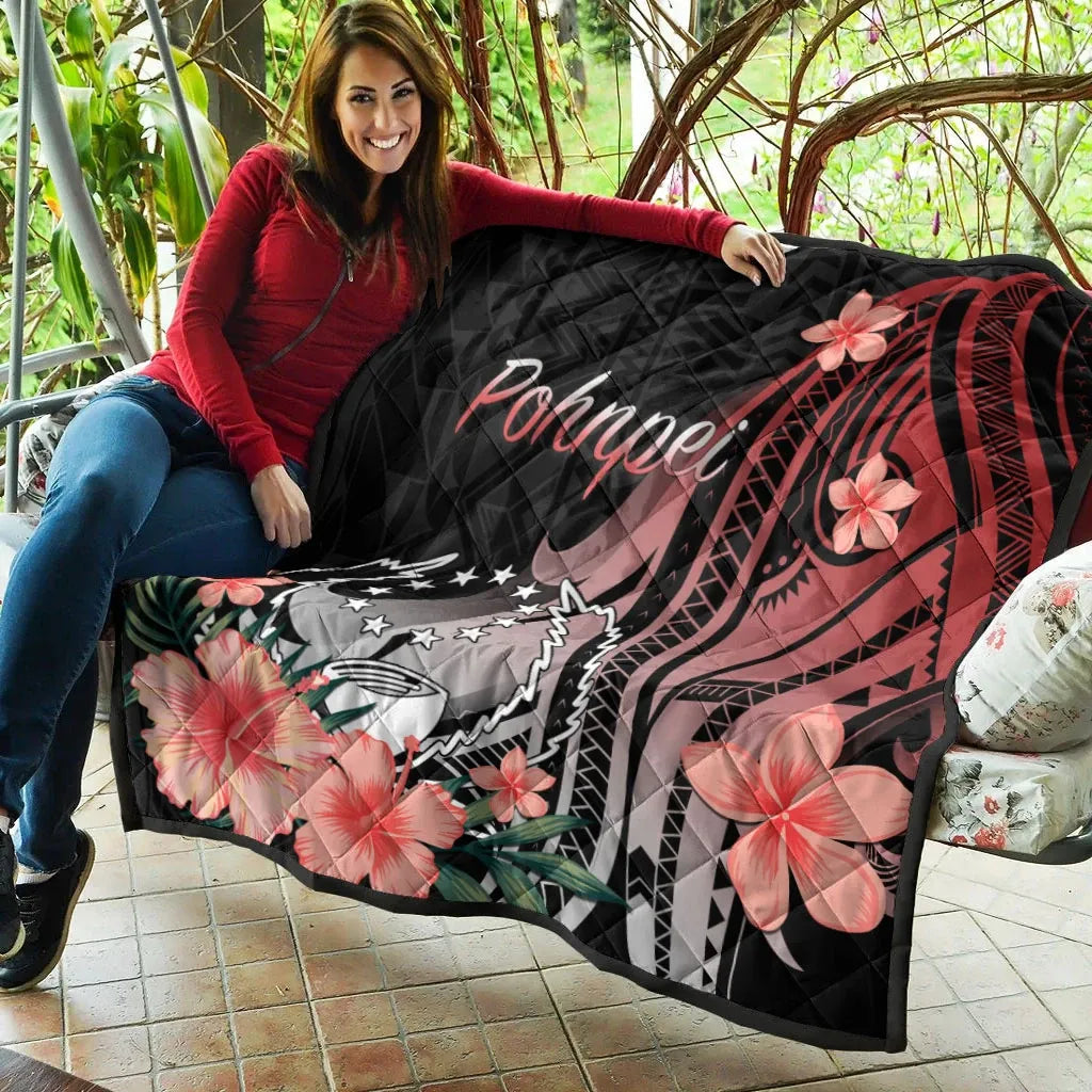 Pohnpei Premium Quilt - Red Polynesian Hibiscus Pattern Style
