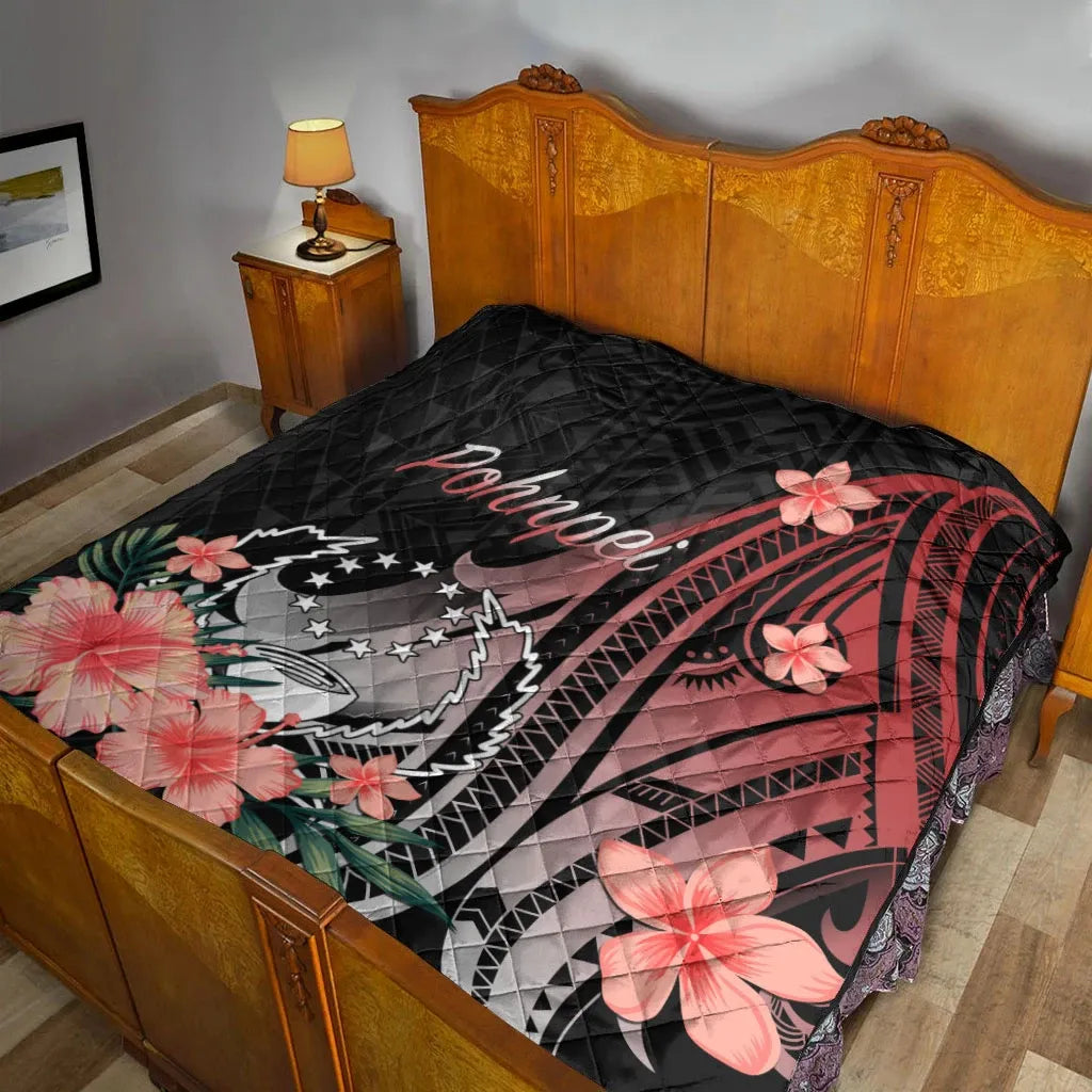 Pohnpei Premium Quilt - Red Polynesian Hibiscus Pattern Style