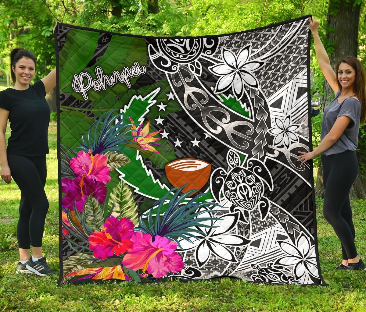 Pohnpei Premium Quilt - Turtle Plumeria Banana Leaf