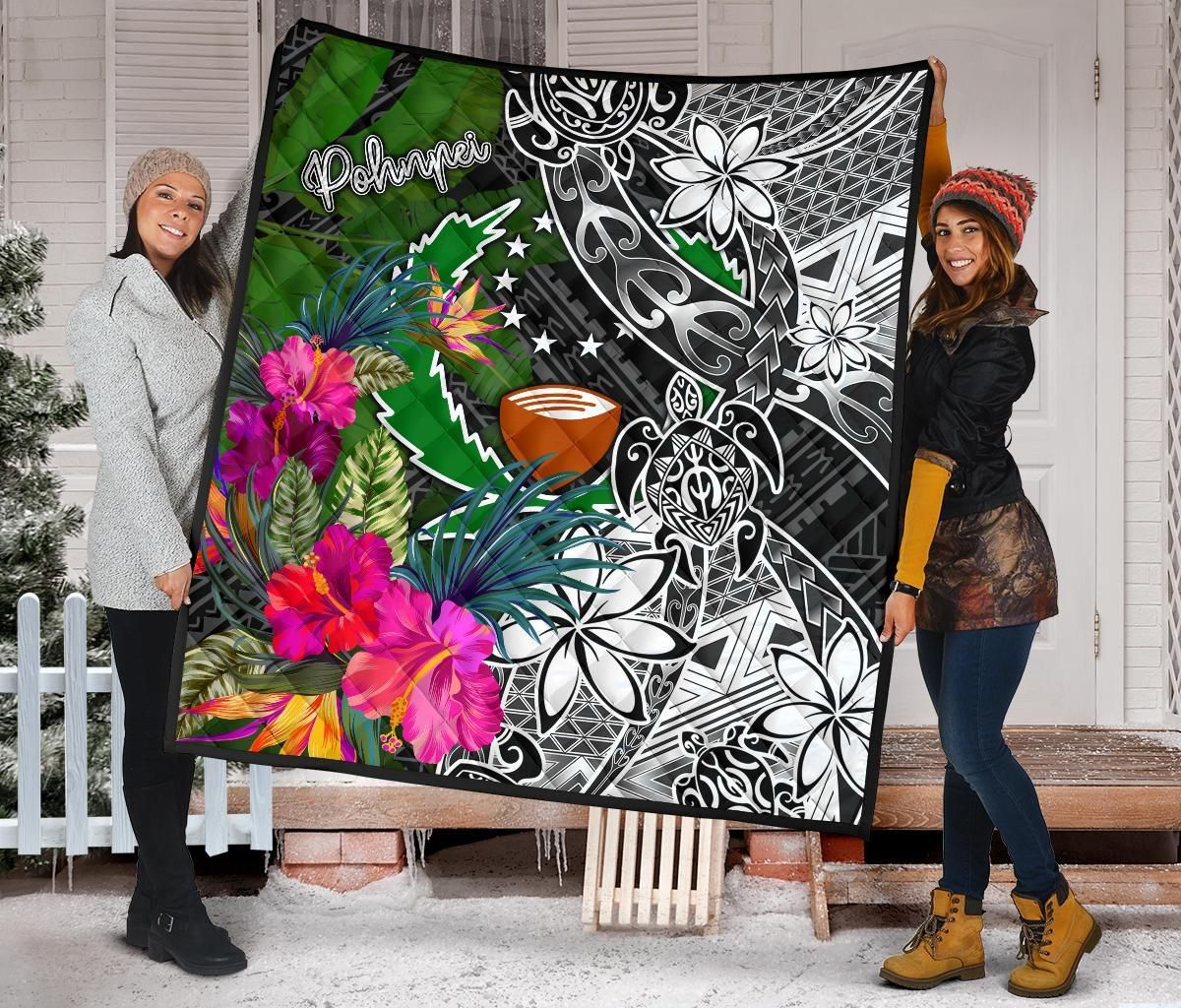 Pohnpei Premium Quilt - Turtle Plumeria Banana Leaf