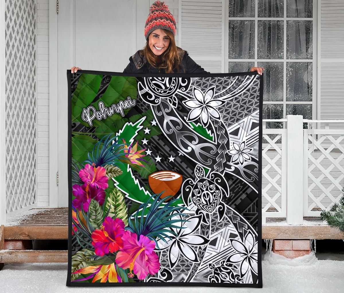 Pohnpei Premium Quilt - Turtle Plumeria Banana Leaf