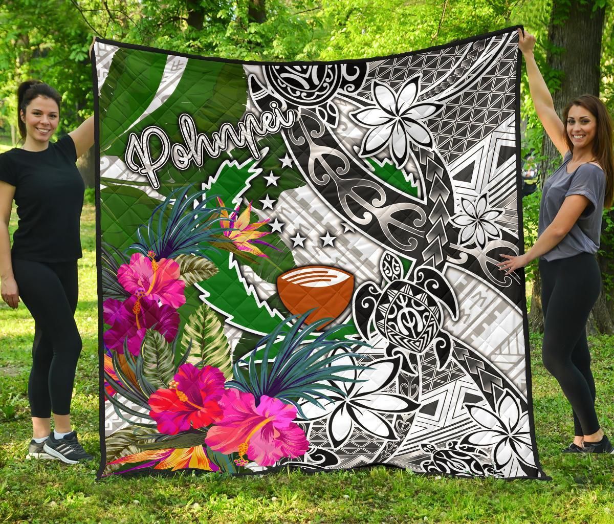 Pohnpei Premium Quilt White - Turtle Plumeria Banana Leaf