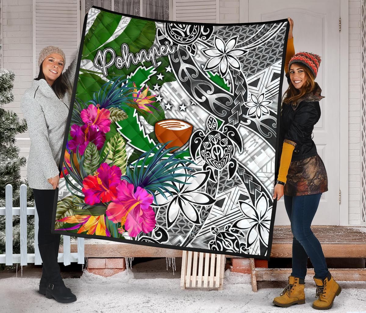 Pohnpei Premium Quilt White - Turtle Plumeria Banana Leaf