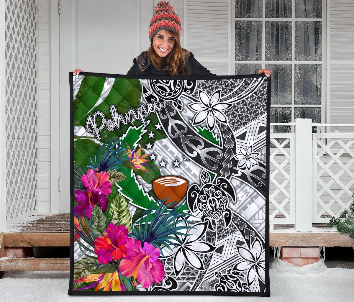 Pohnpei Premium Quilt White - Turtle Plumeria Banana Leaf