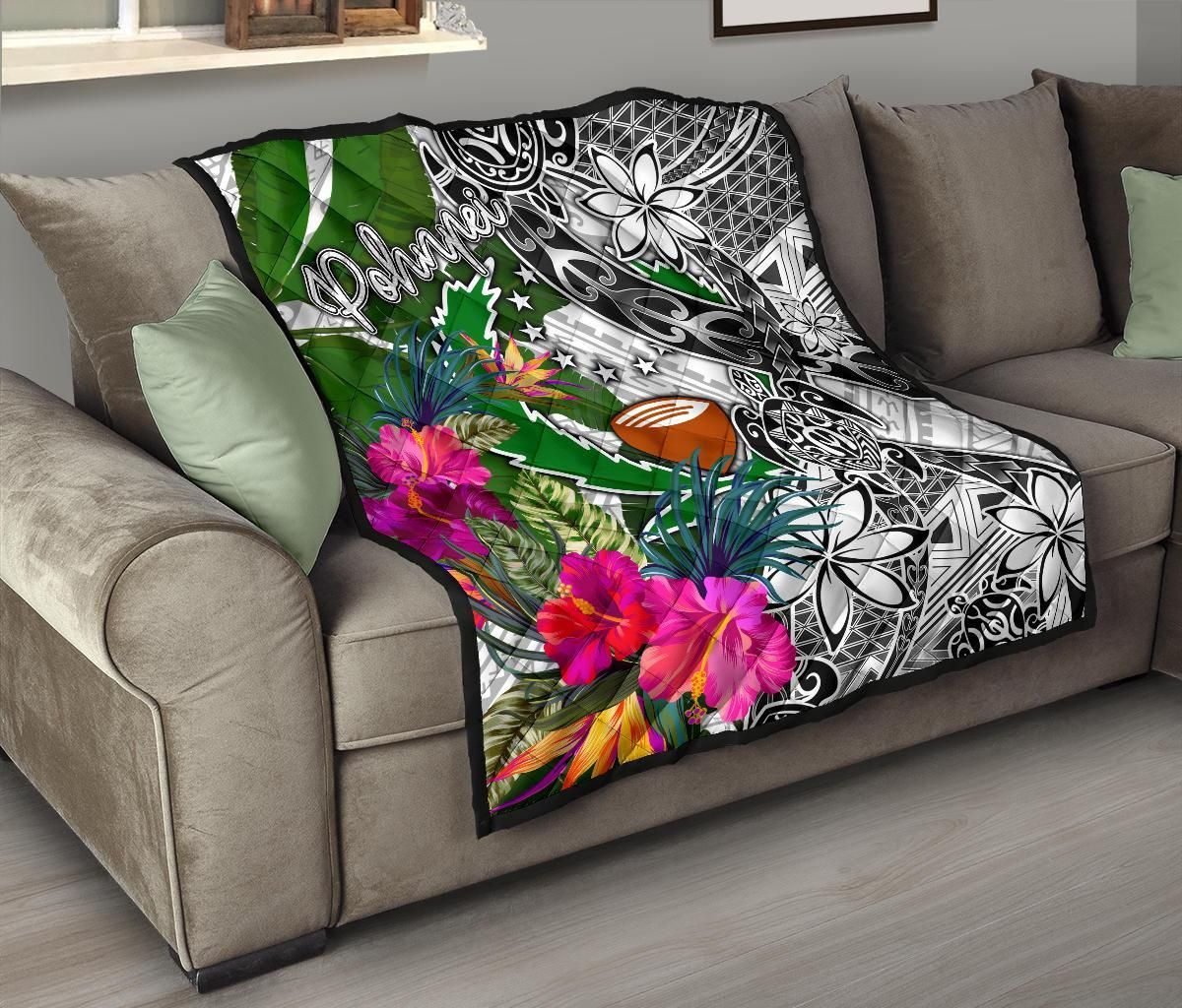 Pohnpei Premium Quilt White - Turtle Plumeria Banana Leaf