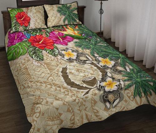 Pohnpei Polynesian Quilt Bed Set - Hibiscus Turtle Tattoo Beige