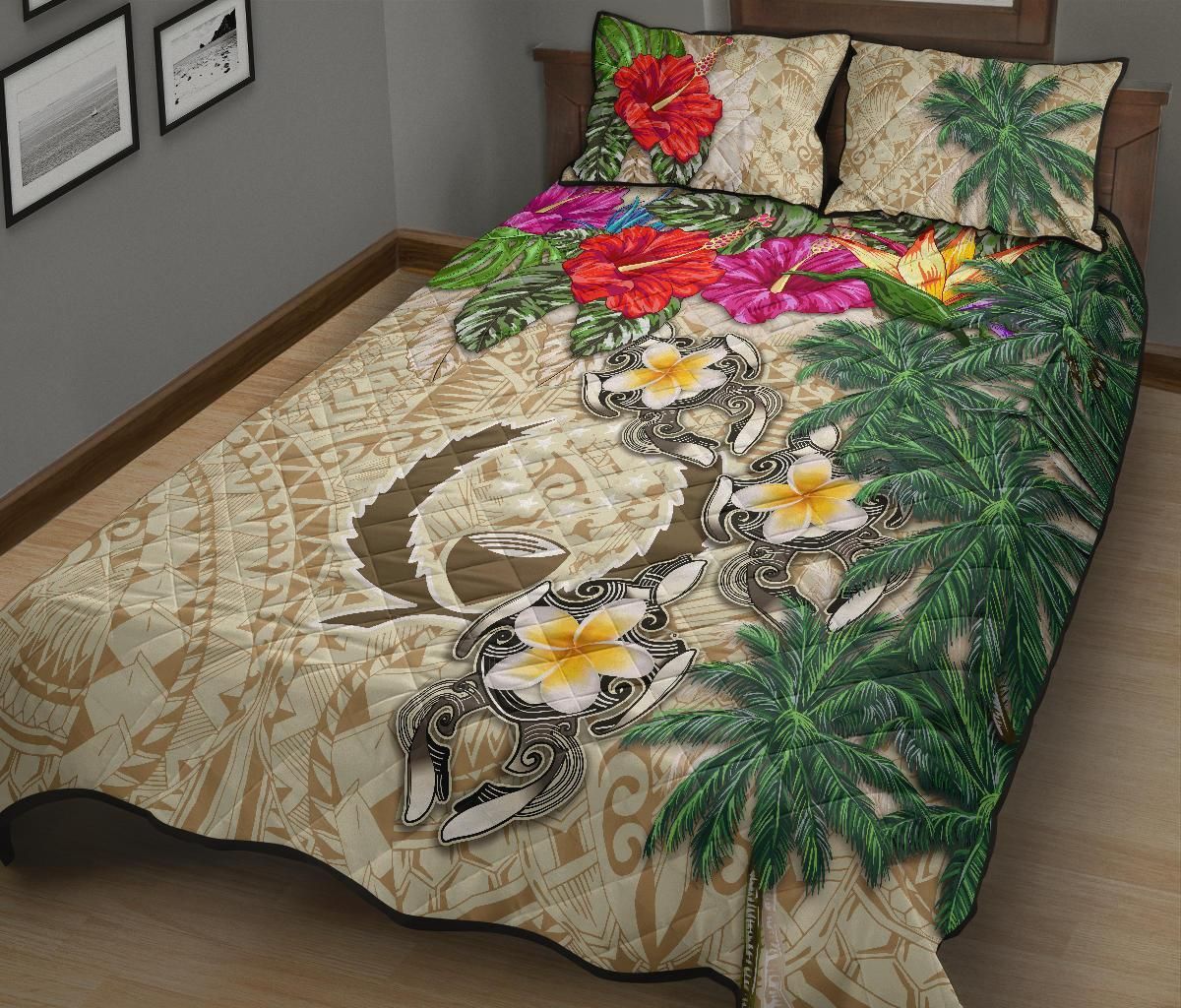 Pohnpei Polynesian Quilt Bed Set - Hibiscus Turtle Tattoo Beige