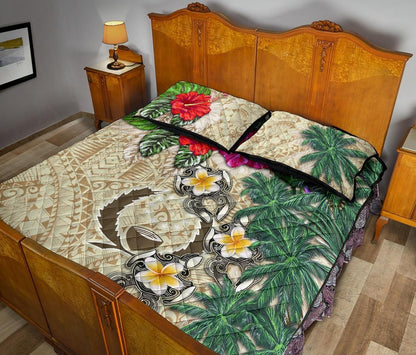 Pohnpei Polynesian Quilt Bed Set - Hibiscus Turtle Tattoo Beige