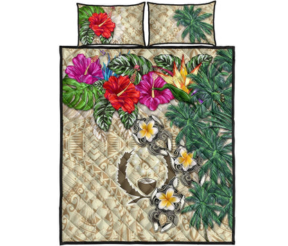 Pohnpei Polynesian Quilt Bed Set - Hibiscus Turtle Tattoo Beige
