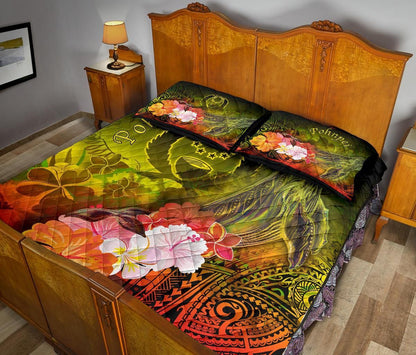 Pohnpei Quilt Bed Set - Humpback Whale with Tropical Flowers (Yellow)