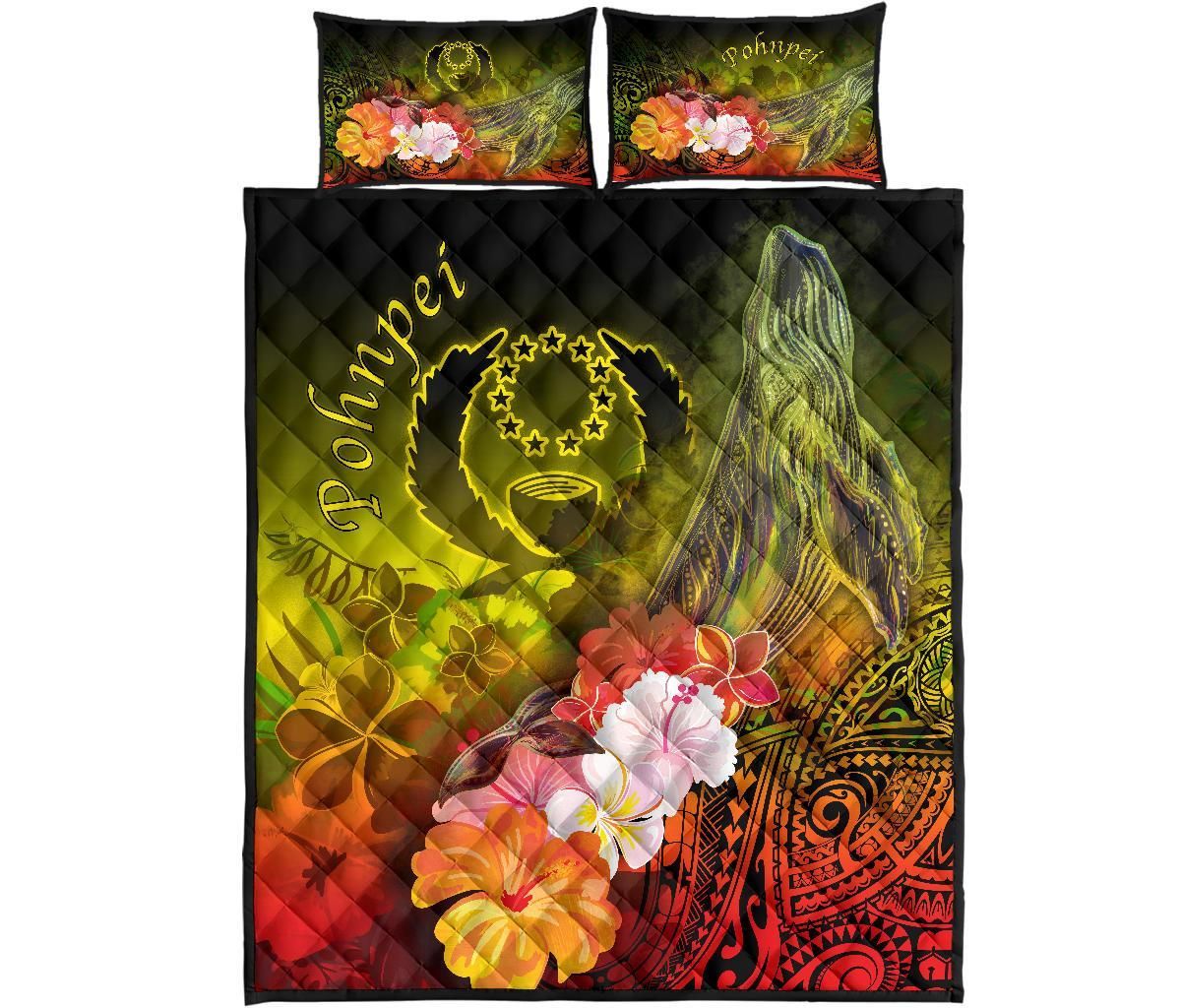 Pohnpei Quilt Bed Set - Humpback Whale with Tropical Flowers (Yellow)
