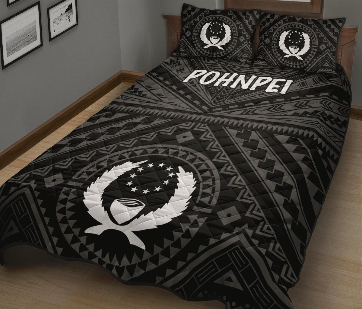 Pohnpei Quilt Bed Set - Pohnpei Seal With Polynesian Tattoo Style ( Black)