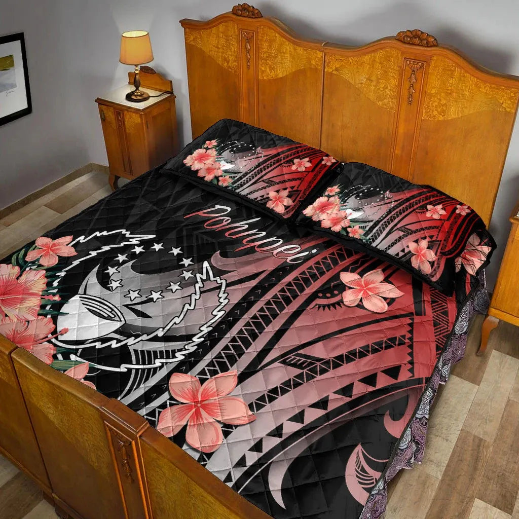 Pohnpei Quilt Bed Set - Red Polynesian Hibiscus Pattern Style