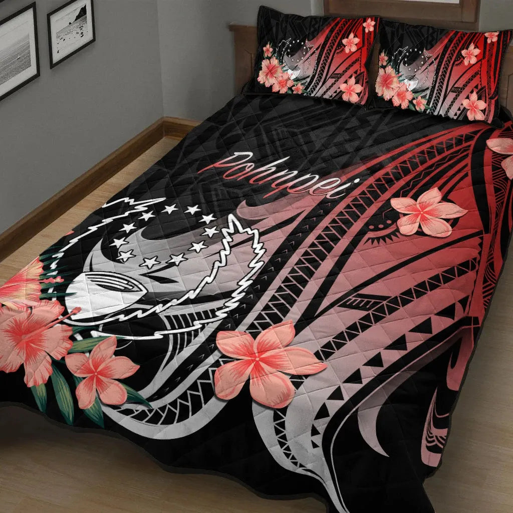 Pohnpei Quilt Bed Set - Red Polynesian Hibiscus Pattern Style
