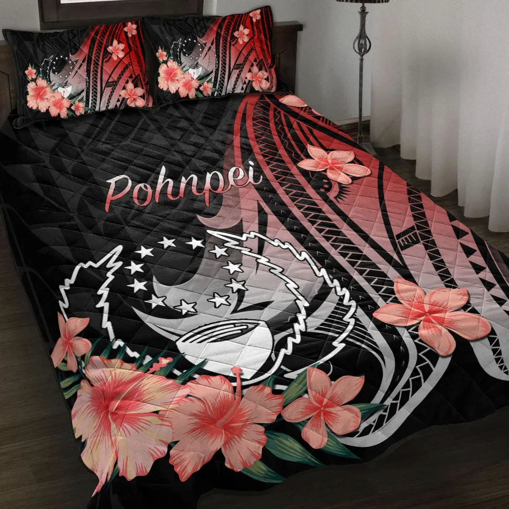 Pohnpei Quilt Bed Set - Red Polynesian Hibiscus Pattern Style