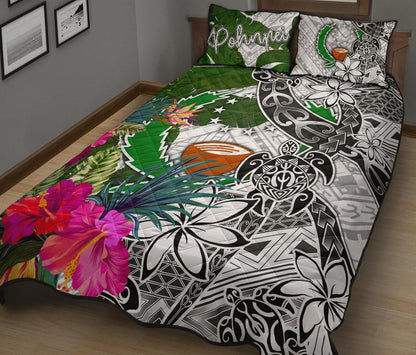 Pohnpei Quilt Bed Set White - Turtle Plumeria Banana Leaf