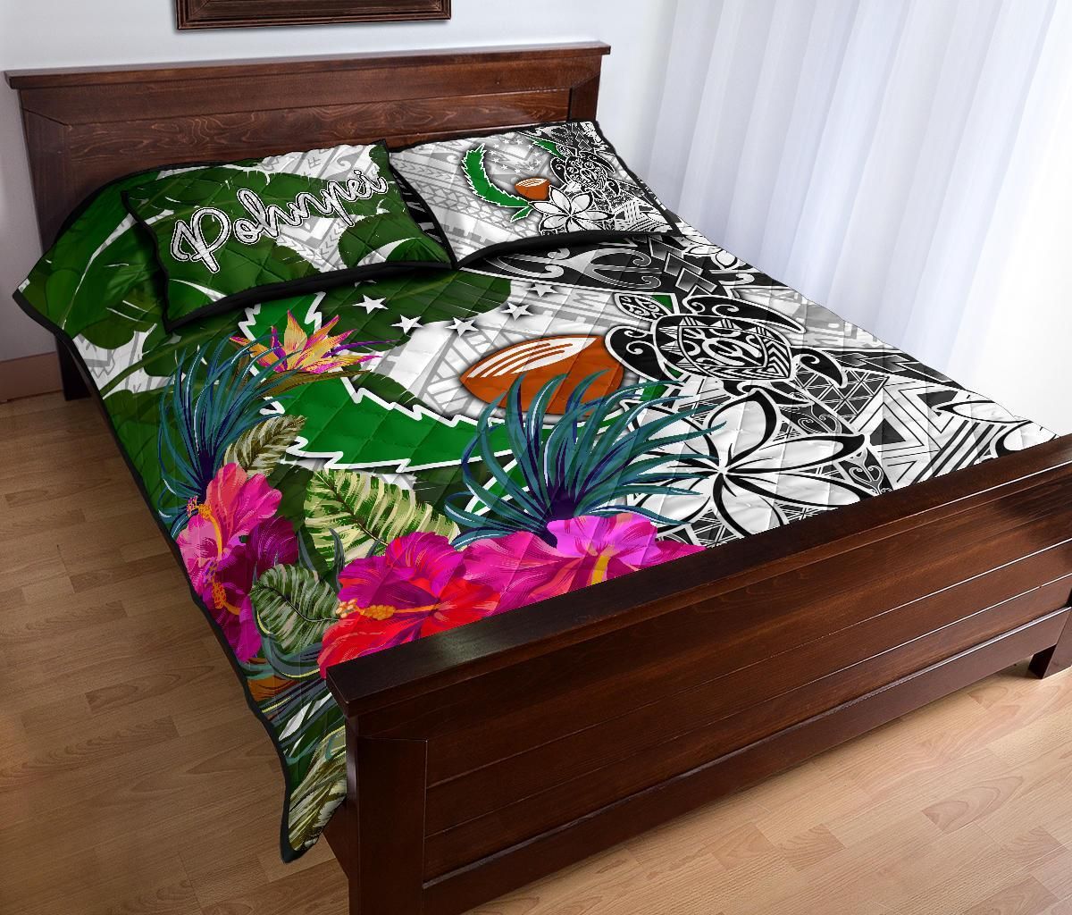 Pohnpei Quilt Bed Set White - Turtle Plumeria Banana Leaf