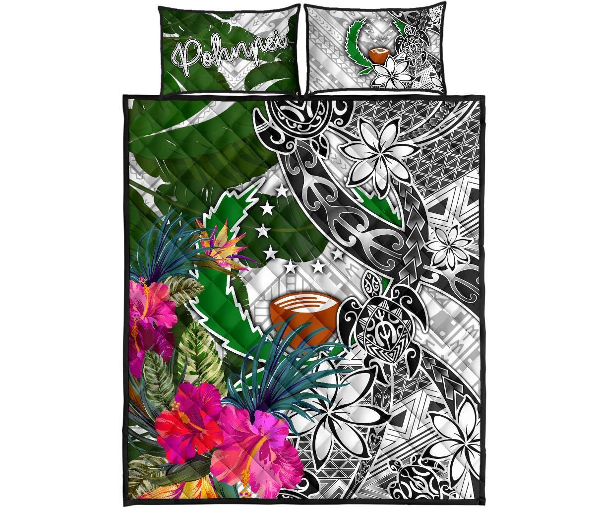 Pohnpei Quilt Bed Set White - Turtle Plumeria Banana Leaf