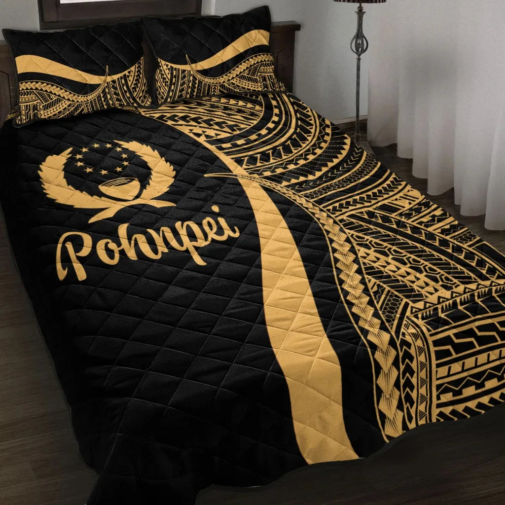 Pohnpei Quilt Bed Set - Gold Polynesian Tentacle Tribal Pattern