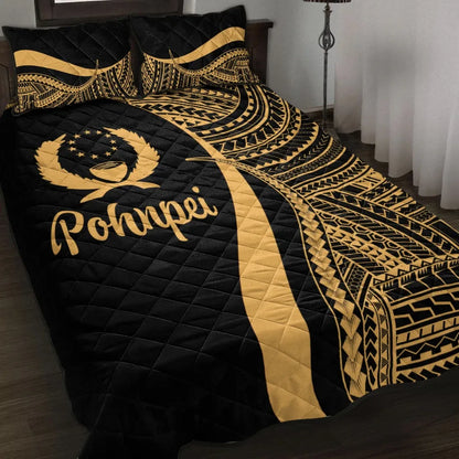 Pohnpei Quilt Bed Set - Gold Polynesian Tentacle Tribal Pattern