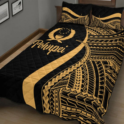 Pohnpei Quilt Bed Set - Gold Polynesian Tentacle Tribal Pattern