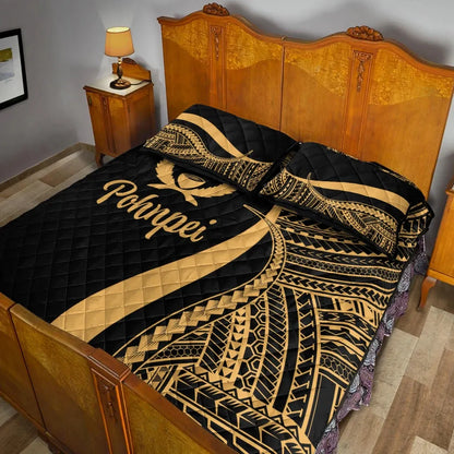 Pohnpei Quilt Bed Set - Gold Polynesian Tentacle Tribal Pattern