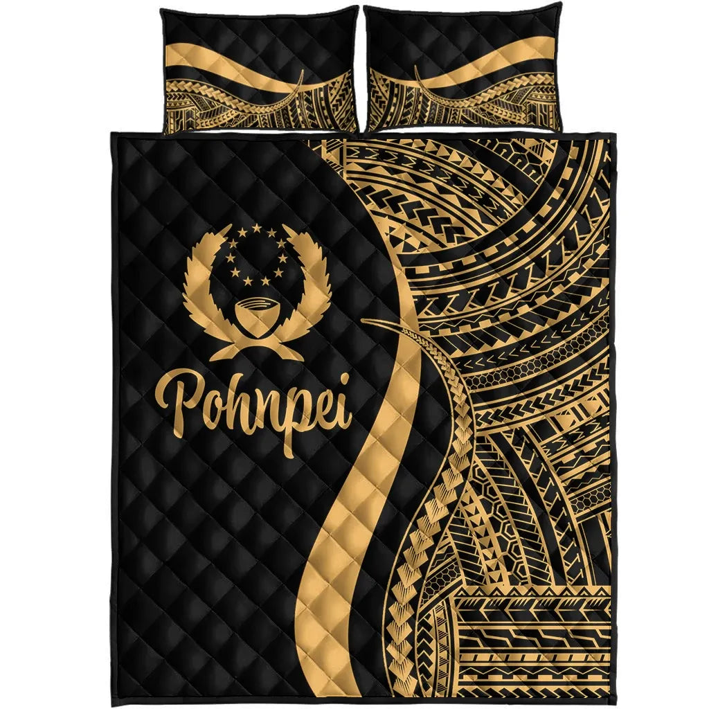Pohnpei Quilt Bed Set - Gold Polynesian Tentacle Tribal Pattern