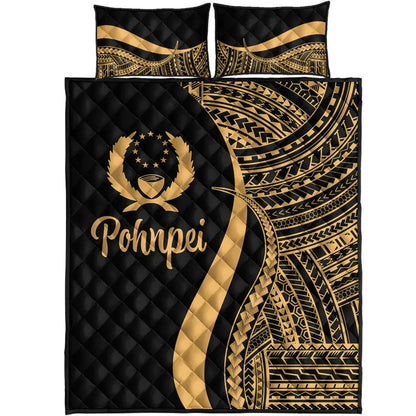 Pohnpei Quilt Bed Set - Gold Polynesian Tentacle Tribal Pattern