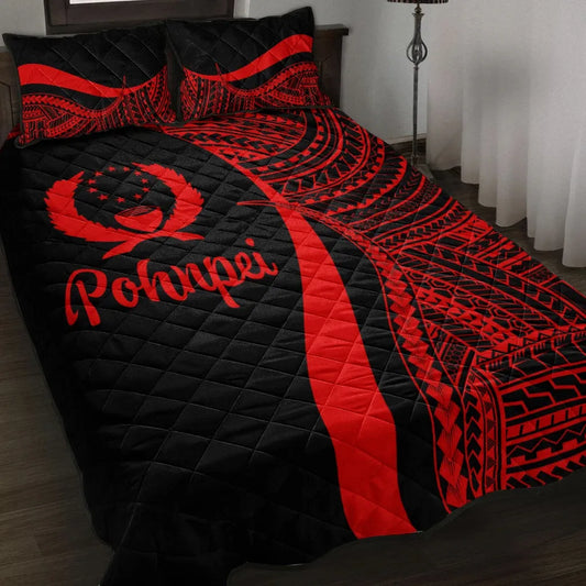 Pohnpei Quilt Bed Set - Red Polynesian Tentacle Tribal Pattern
