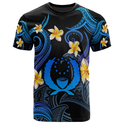 Pohnpei T-shirt - Custom Personalised Polynesian Waves with Plumeria Flowers (Blue)