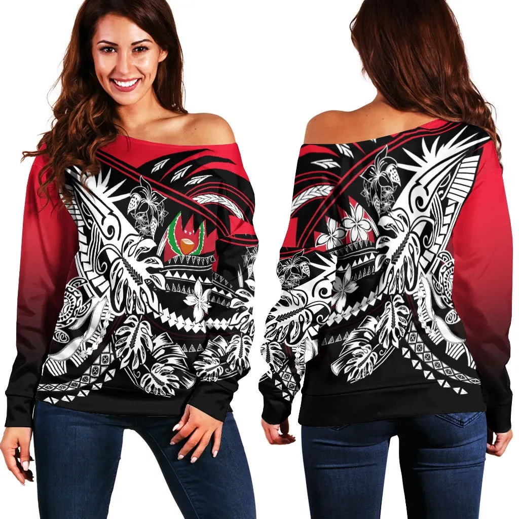 Pohnpei Women Off Shoulder Sweaters - Tribal Jungle Pattern Red Color