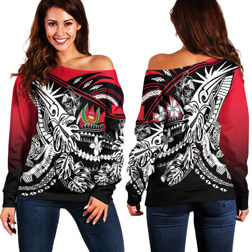 Pohnpei Women Off Shoulder Sweaters - Tribal Jungle Pattern Red Color