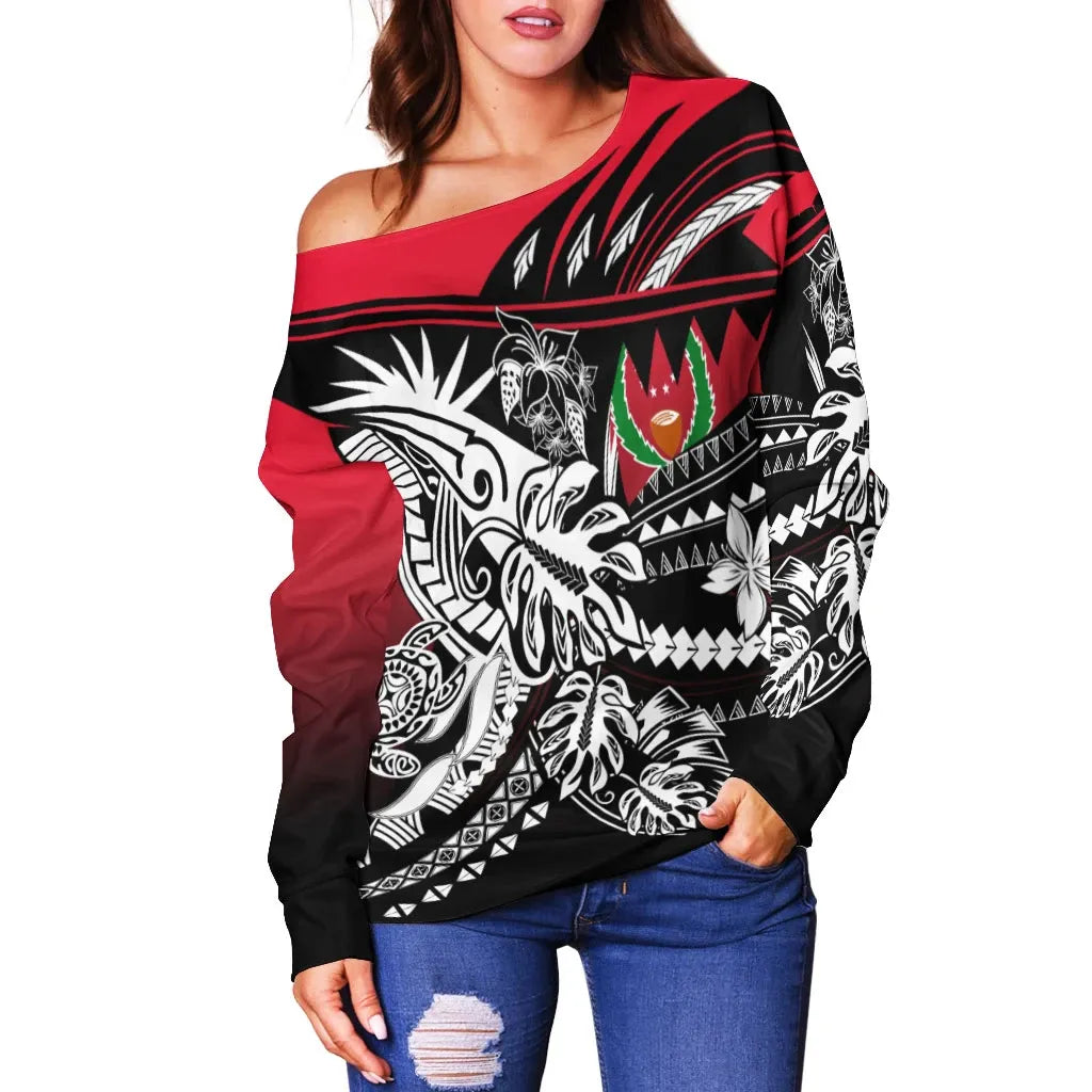 Pohnpei Women Off Shoulder Sweaters - Tribal Jungle Pattern Red Color