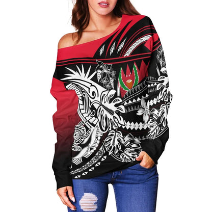 Pohnpei Women Off Shoulder Sweaters - Tribal Jungle Pattern Red Color