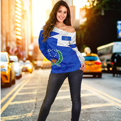 Pohnpei State Off Shoulder Sweatshirt Polynesian Tattoo Flag And Coat Of Arms
