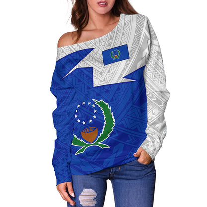 Pohnpei State Off Shoulder Sweatshirt Polynesian Tattoo Flag And Coat Of Arms