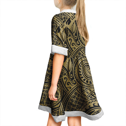 Hawaii Women and Kid Christmas Dress Polynesia Tribal Pattern Gold