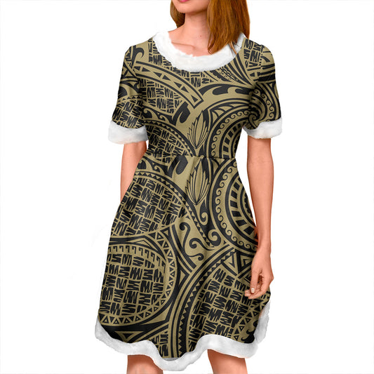 Hawaii Women and Kid Christmas Dress Polynesia Tribal Pattern Gold