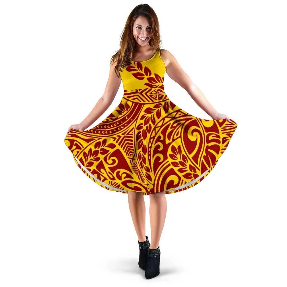 Polynesia Midi Dress - Tribal Pattern Yellow