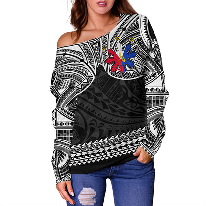 Philippines Filipinos Off Shoulder Sweatshirt Polynesian Tribal Filipinos Tattoo Sun Star With Flag
