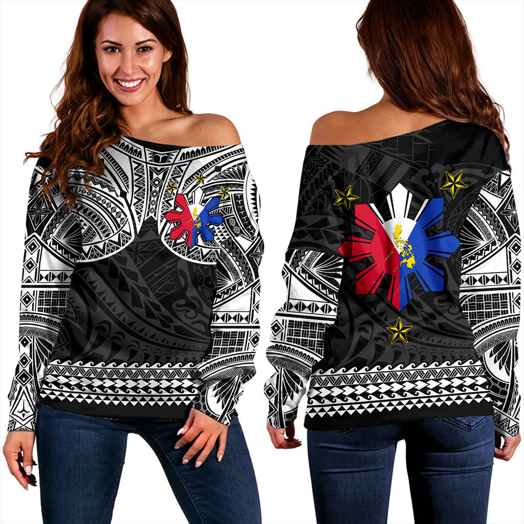Philippines Filipinos Off Shoulder Sweatshirt Polynesian Tribal Filipinos Tattoo Sun Star With Flag