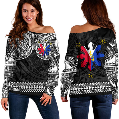 Philippines Filipinos Off Shoulder Sweatshirt Polynesian Tribal Filipinos Tattoo Sun Star With Flag