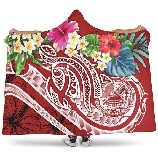 Polynesian American Samoa Hooded Blanket - Summer Plumeria (Red)