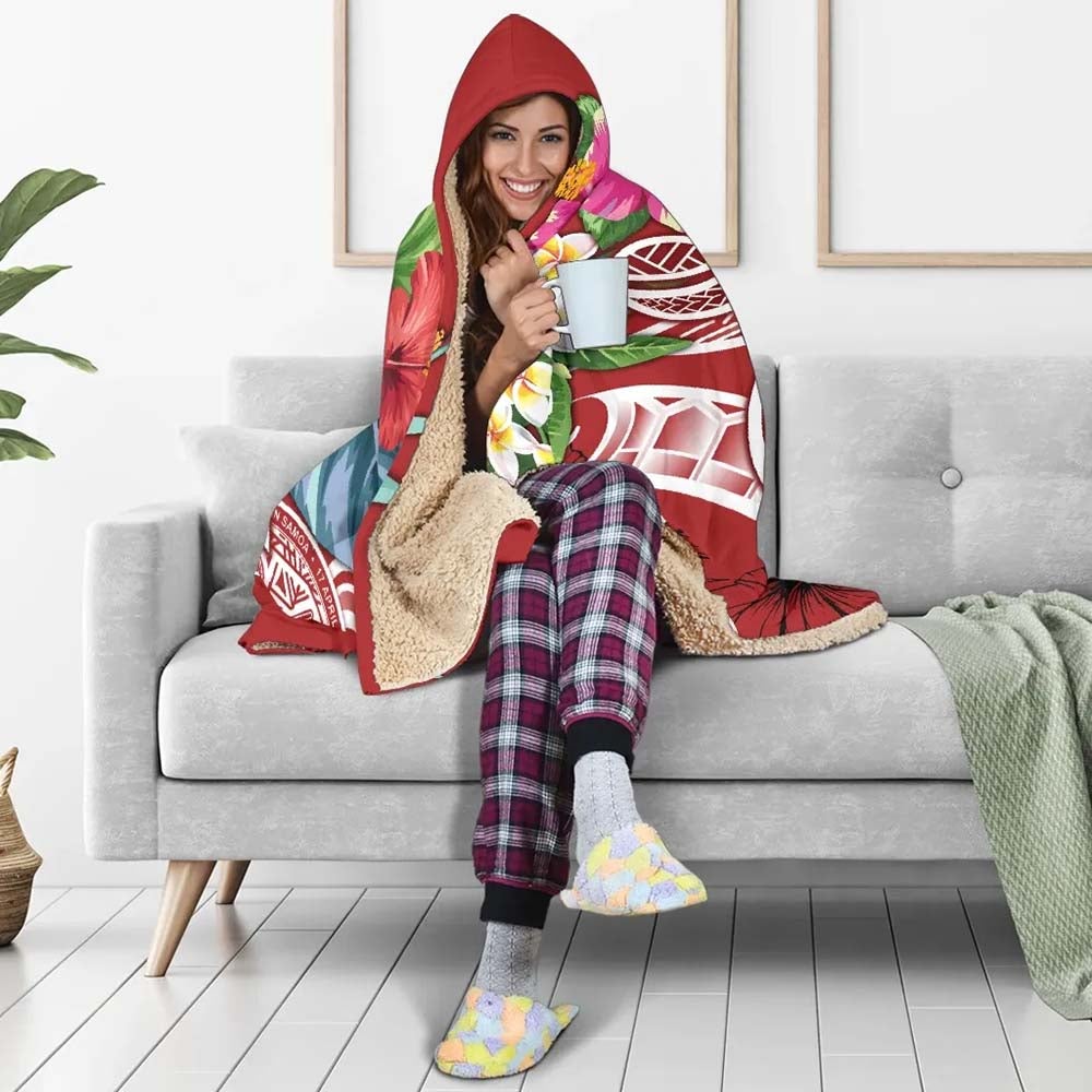 Polynesian American Samoa Hooded Blanket - Summer Plumeria (Red)